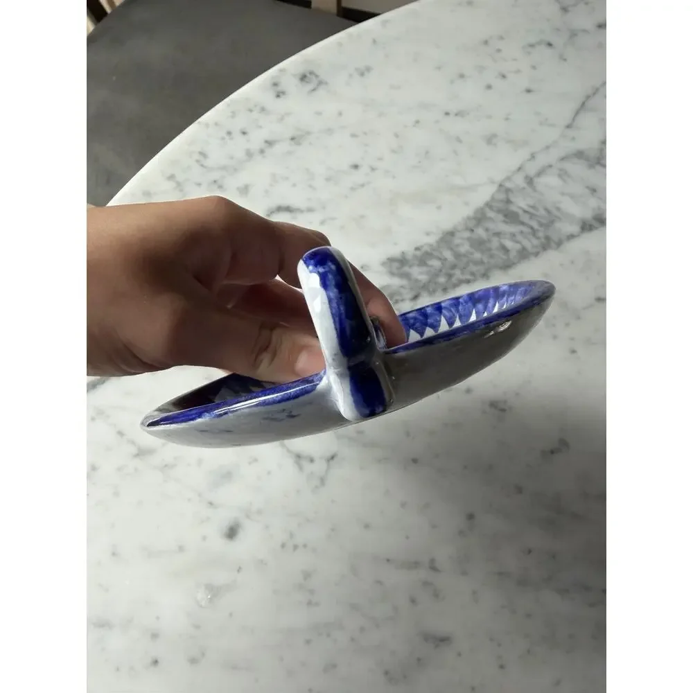 Handmade Ceramic Tonala Blue Brown White Glossy Floral Candle Holder Mexico 362